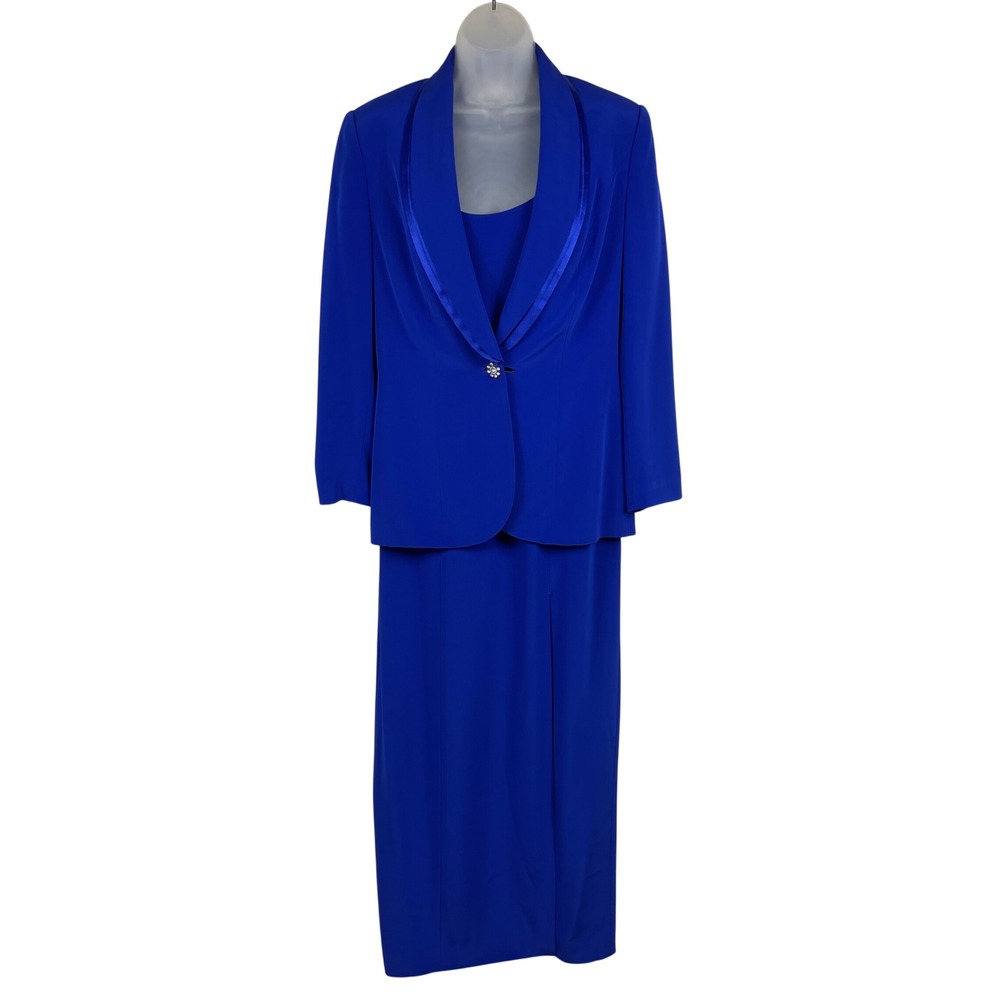 Oleg Cassini Black Tie Dress Set Womens 6 Blue Maxi Gown Jacket Rhinestone
